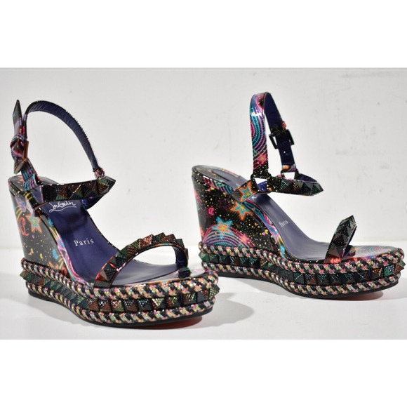 Christian Louboutin Pyraclou 110 Black Starlight Platform Wedge Sandal Heel 42 - Picture 4 of 12